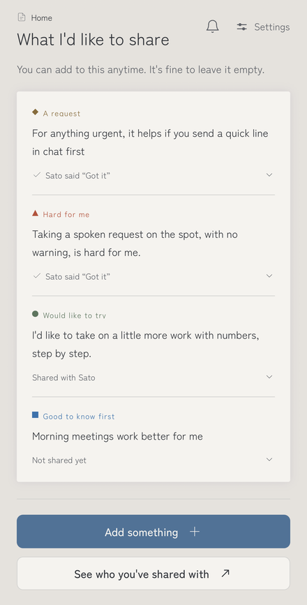 The home screen of the app, “What I’d like to share,” listing your entries and who each one is shared with.