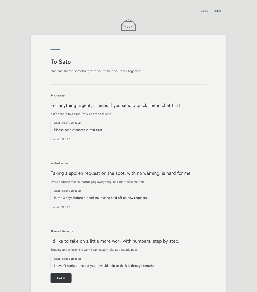 A shared page as it arrives in the recipient’s browser, with entries addressed to Sato and a “Got it” button.